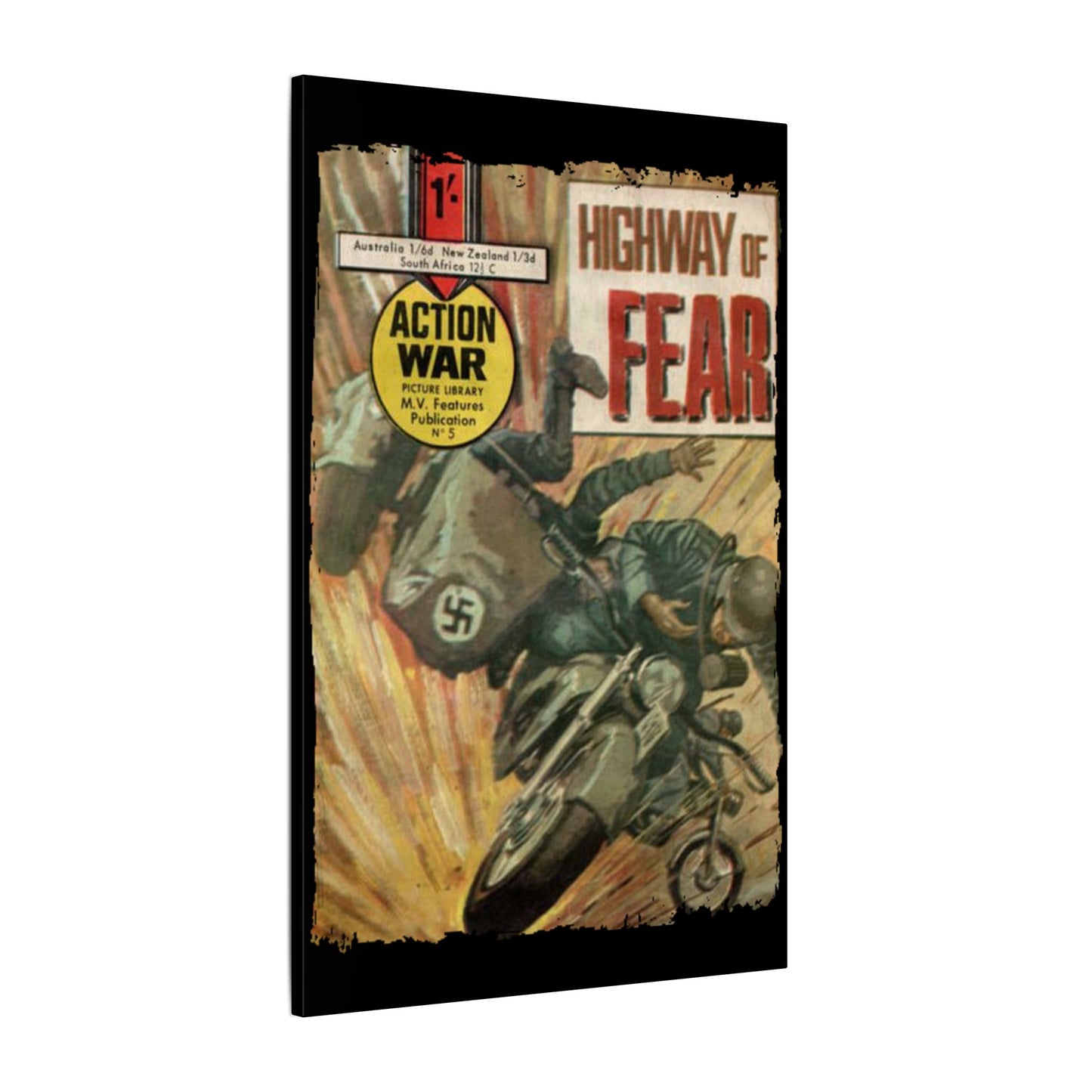 Close-up of the canvas texture highlighting vibrant colors and fine brushstrokes on the Action War #5 art piece.