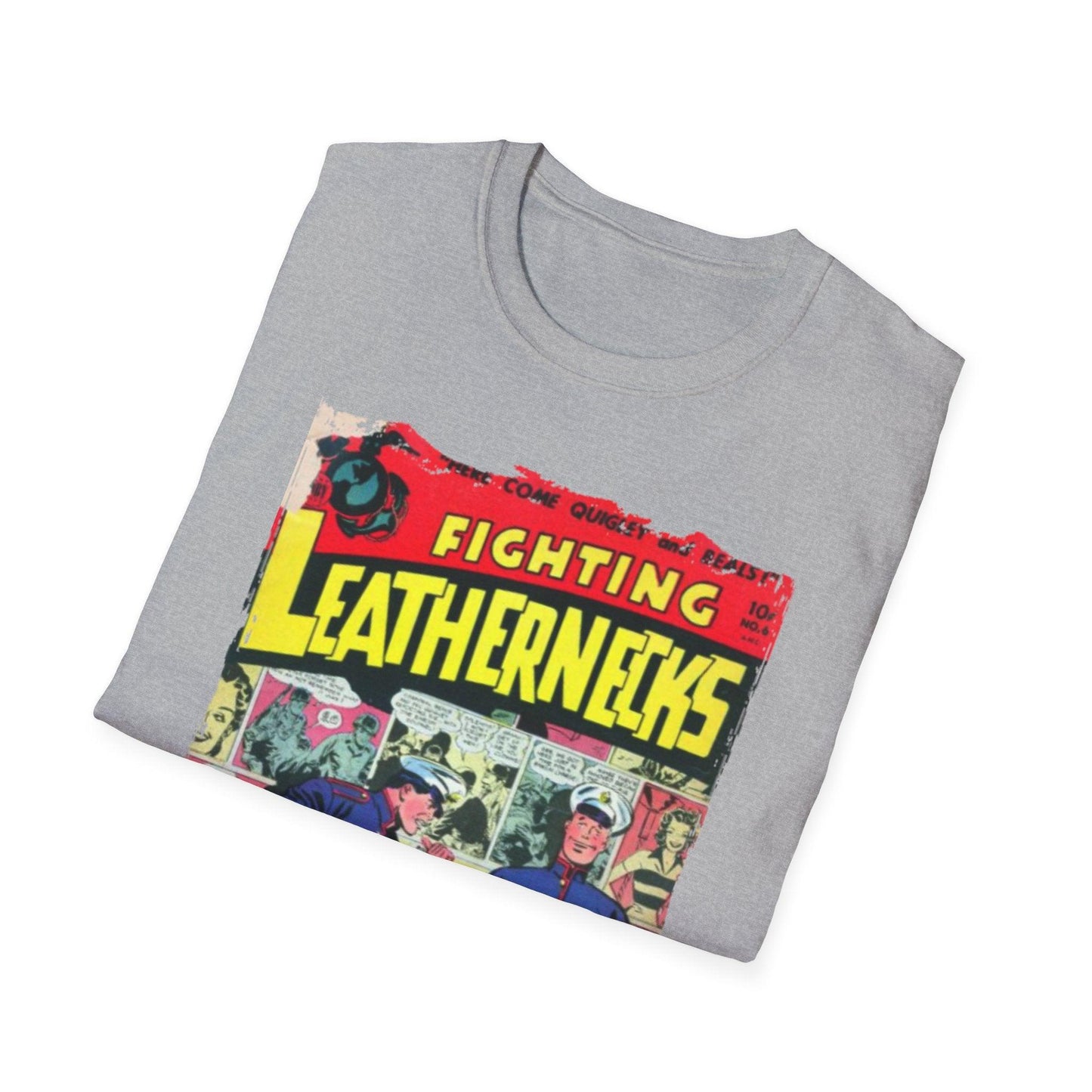 Close-up of the unisex softstyle T-shirt's crew neckline and subtle stitching detail in deep navy color, highlighting fabric