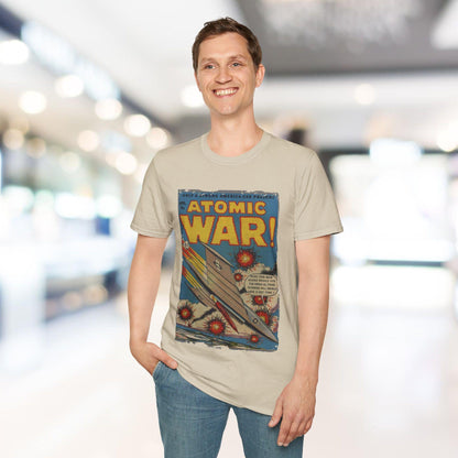 Close-up of the unisex oatmeal-colored fabric showing soft fabric texture and subtle stitching along the neckline and sleeve