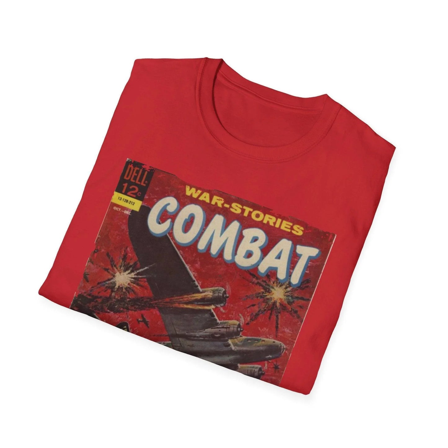 Close-up of the Combat Dec 1962 unisex softstyle T-shirt's collar stitching showing smooth, relaxed crew neckline in deep