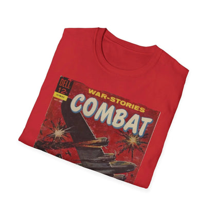 Close-up of the Combat Dec 1962 unisex softstyle T-shirt's collar stitching showing smooth, relaxed crew neckline in deep