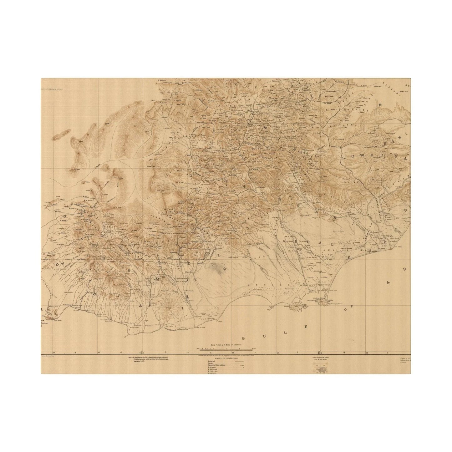 Close-up of the textured canvas surface highlighting aged, earthy tones and fine brushstroke details in the Aden