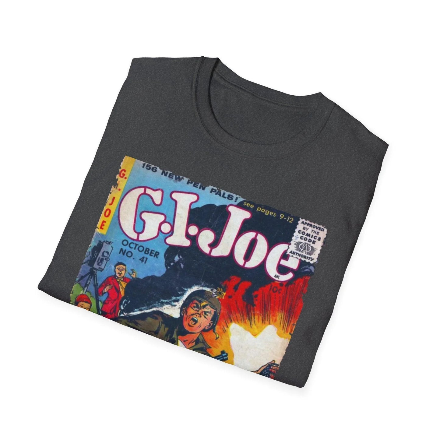 Close-up of the G.I. Joe No.41 unisex softstyle T-shirt’s fabric texture and vibrant navy color from a slight overhead angle.