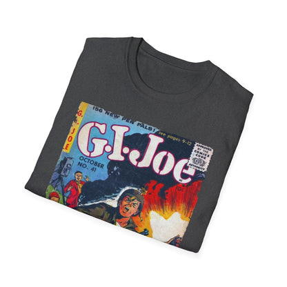 Close-up of the G.I. Joe No.41 unisex softstyle T-shirt’s fabric texture and vibrant navy color from a slight overhead angle.