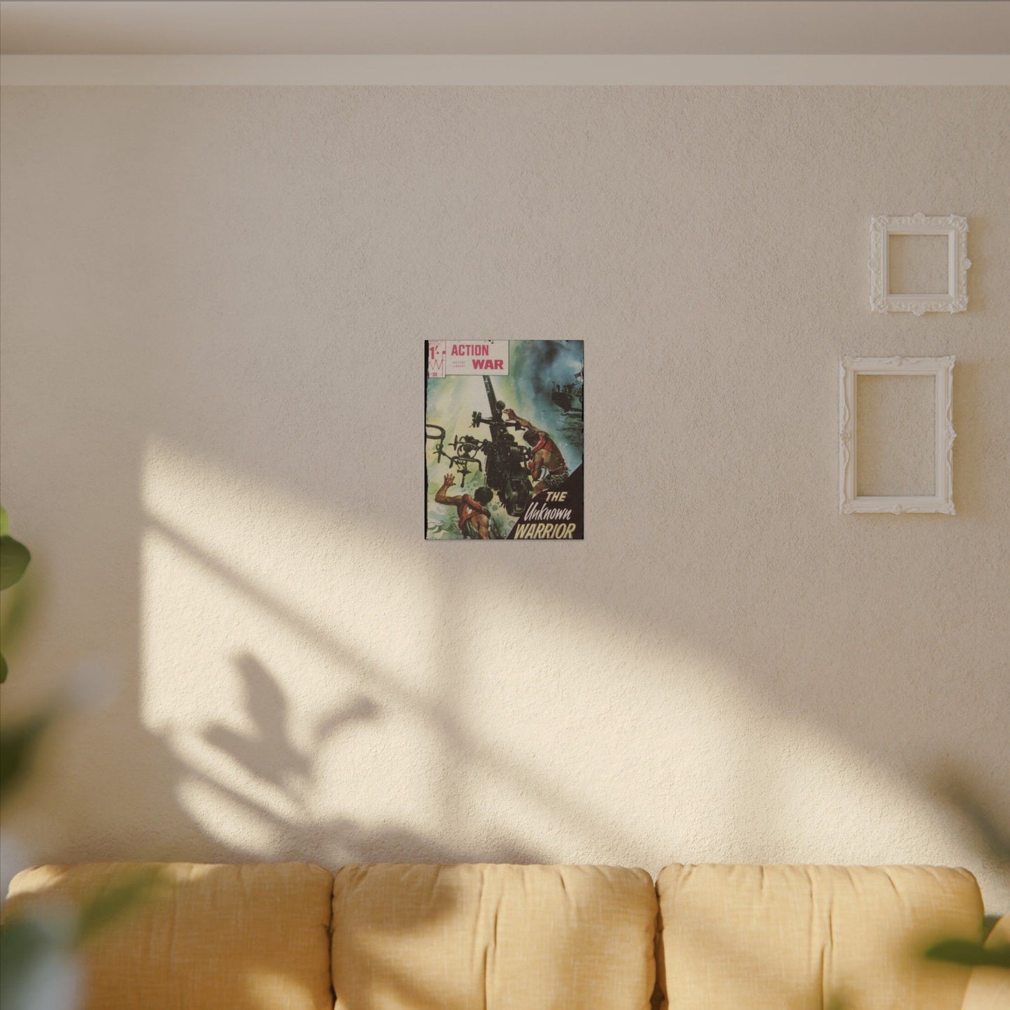 Close-up of the Canvas material's textured surface and subtle color variations on the Action War #24 comic cover angle.