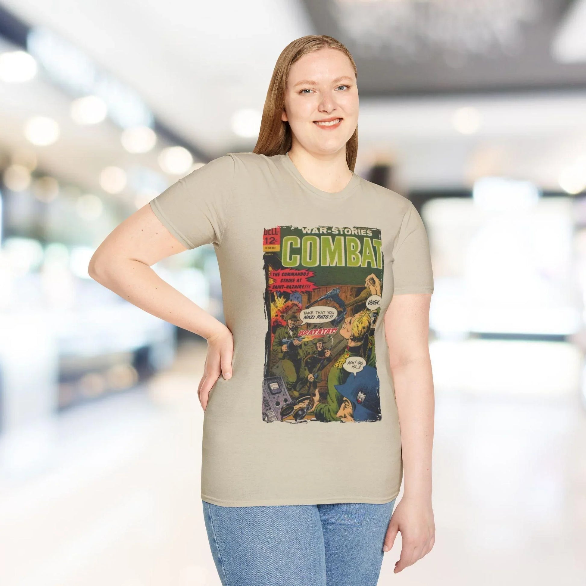 Close-up of the Combat March 1966 unisex T-shirt fabric showing soft cotton blend texture and reinforced seams at the