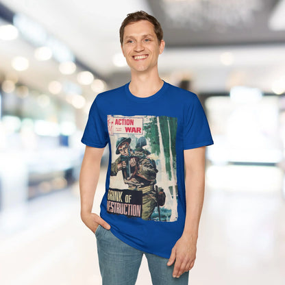 Close-up of the T-shirt's chest logo embroidery on soft cotton blend fabric, highlighting subtle stitching details and