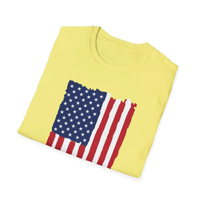 Close-up of distressed American flag pattern on soft cotton fabric with visible texture and faded colors on the chest area.