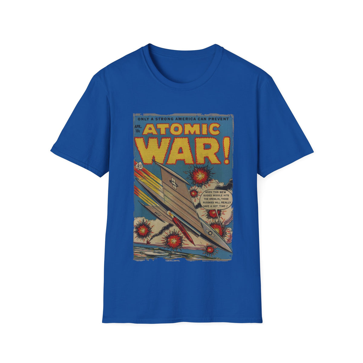 Close-up of the Atomic War! No 4 T-Shirt neckline showing reinforced stitching and vibrant black fabric from a slightly