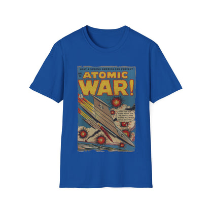Close-up of the Atomic War! No 4 T-Shirt neckline showing reinforced stitching and vibrant black fabric from a slightly