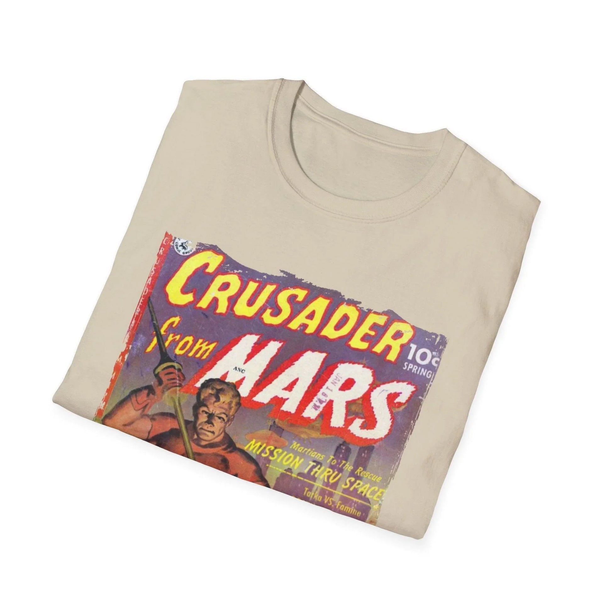 Close-up of the Crusader from Mars 1 T-shirt neckline highlighting the smooth, relaxed fit and vibrant crimson color fabric