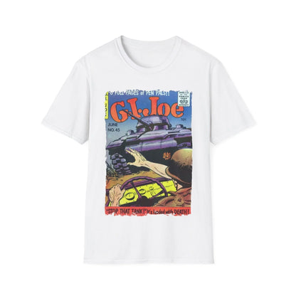 Close-up of the G.I. Joe No.45 softstyle T-shirt’s tag on the collar showing fabric blend and size details