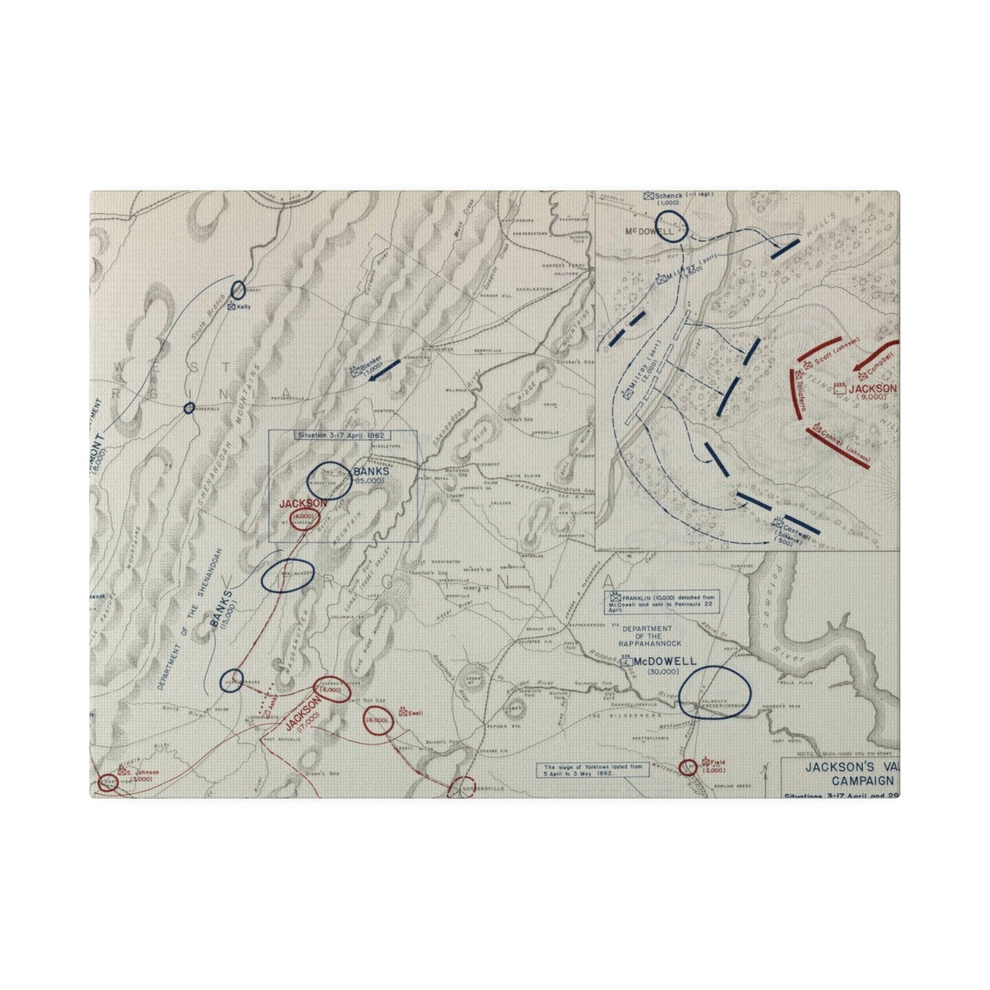 Close-up of textured canvas surface highlighting subtle brushstrokes and aged appearance of the Civil War campaign artwork.