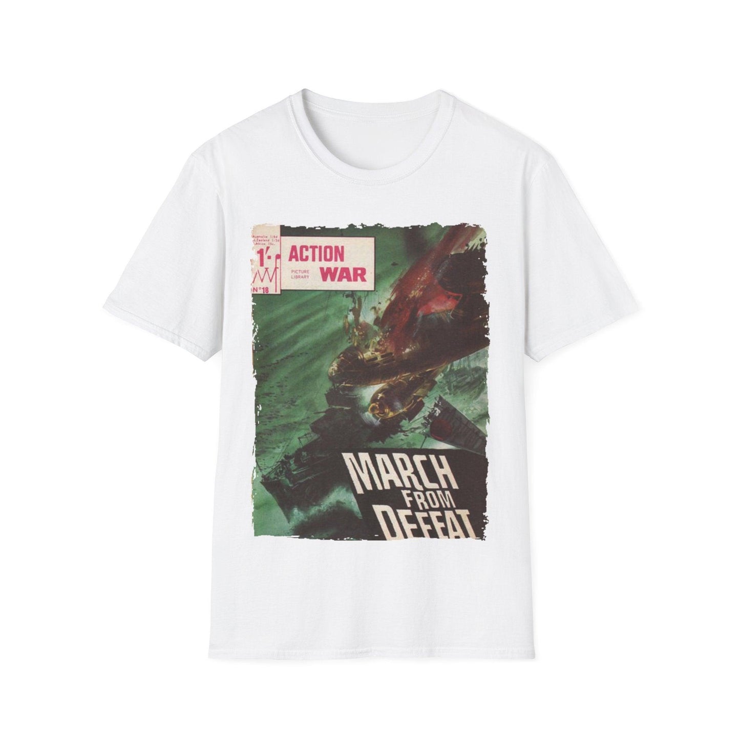 Close-up of the unisex slate gray softstyle T-shirt’s neckline revealing reinforced stitching and a printed logo tag inside