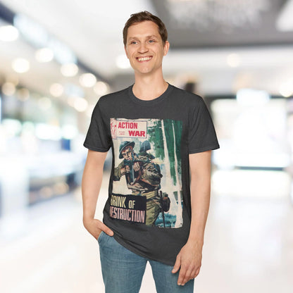 Close-up of the unisex softstyle T-shirt's collar highlighting the smooth ribbed neckline and subtle stitching details in