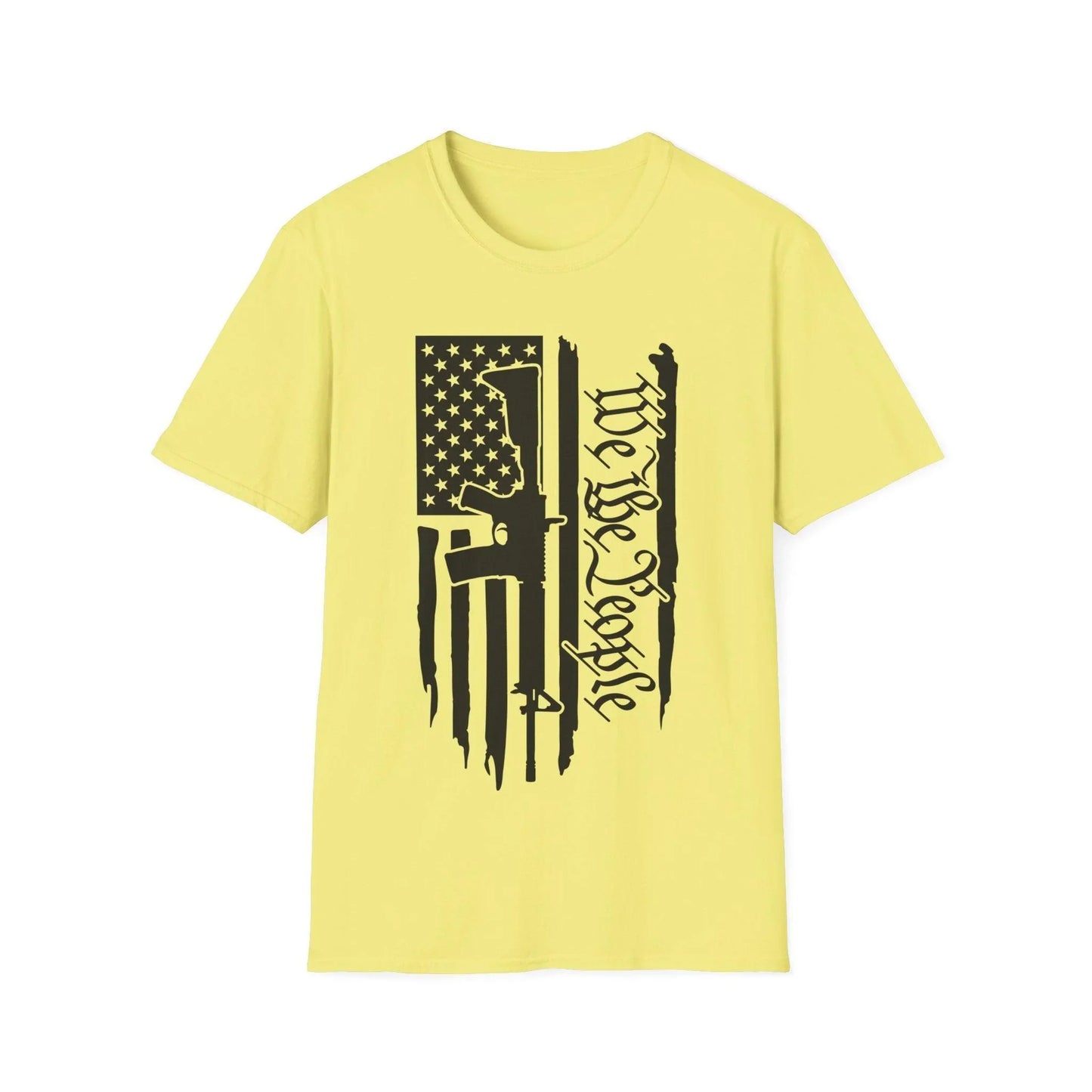 Close-up of the distressed black and white American flag design on the front chest area of the unisex softstyle T-shirt