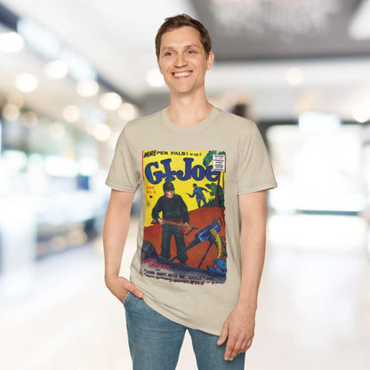 Close-up of the G.I. Joe No.51 softstyle fabric tag on a relaxed fit, khaki-colored T-shirt featuring a ribbed crew neckline