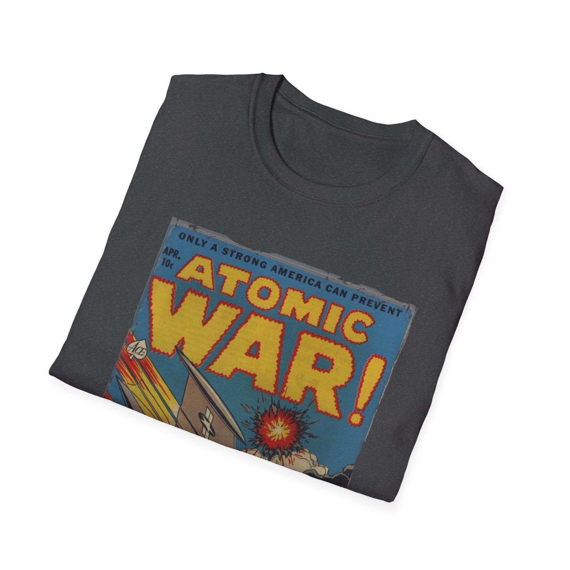 Close-up of the Atomic War! No 4 T-shirt's neck ribbing in black, highlighting smooth fabric and reinforced stitching detail.