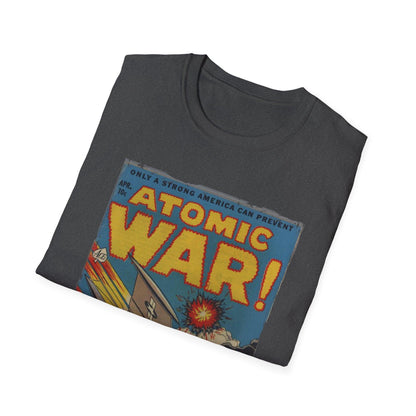 Close-up of the Atomic War! No 4 T-shirt's neck ribbing in black, highlighting smooth fabric and reinforced stitching detail.