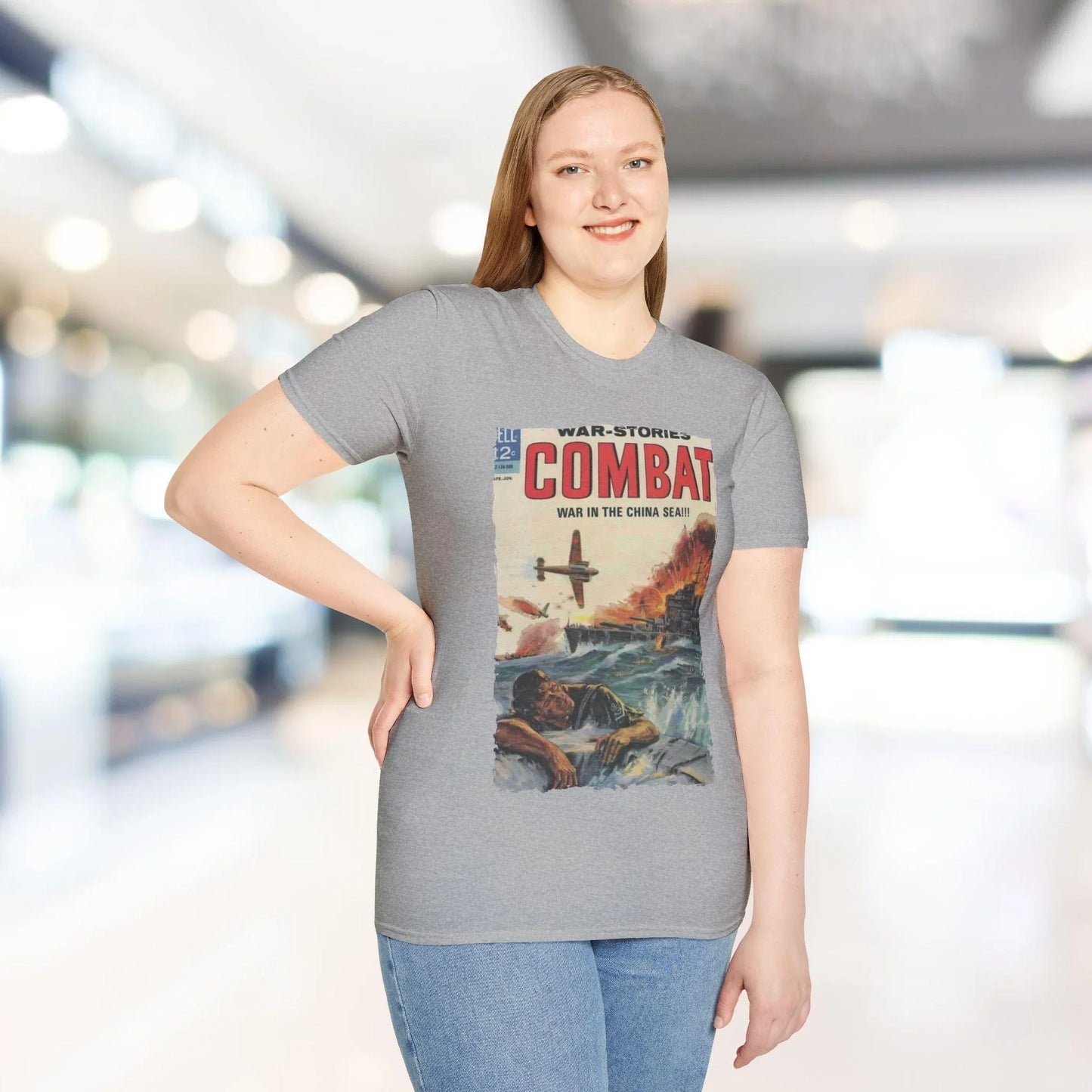 Close-up of the Combat April 1965 T-Shirt's neckline showing reinforced stitching and smooth cotton fabric in olive green