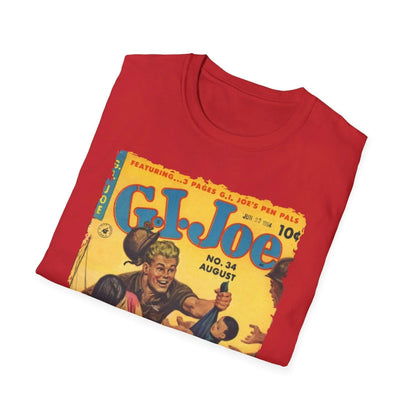 Close-up of the G.I. Joe No.34 T-shirt’s beige fabric, showcasing the smooth cotton jersey texture and subtle stitching at
