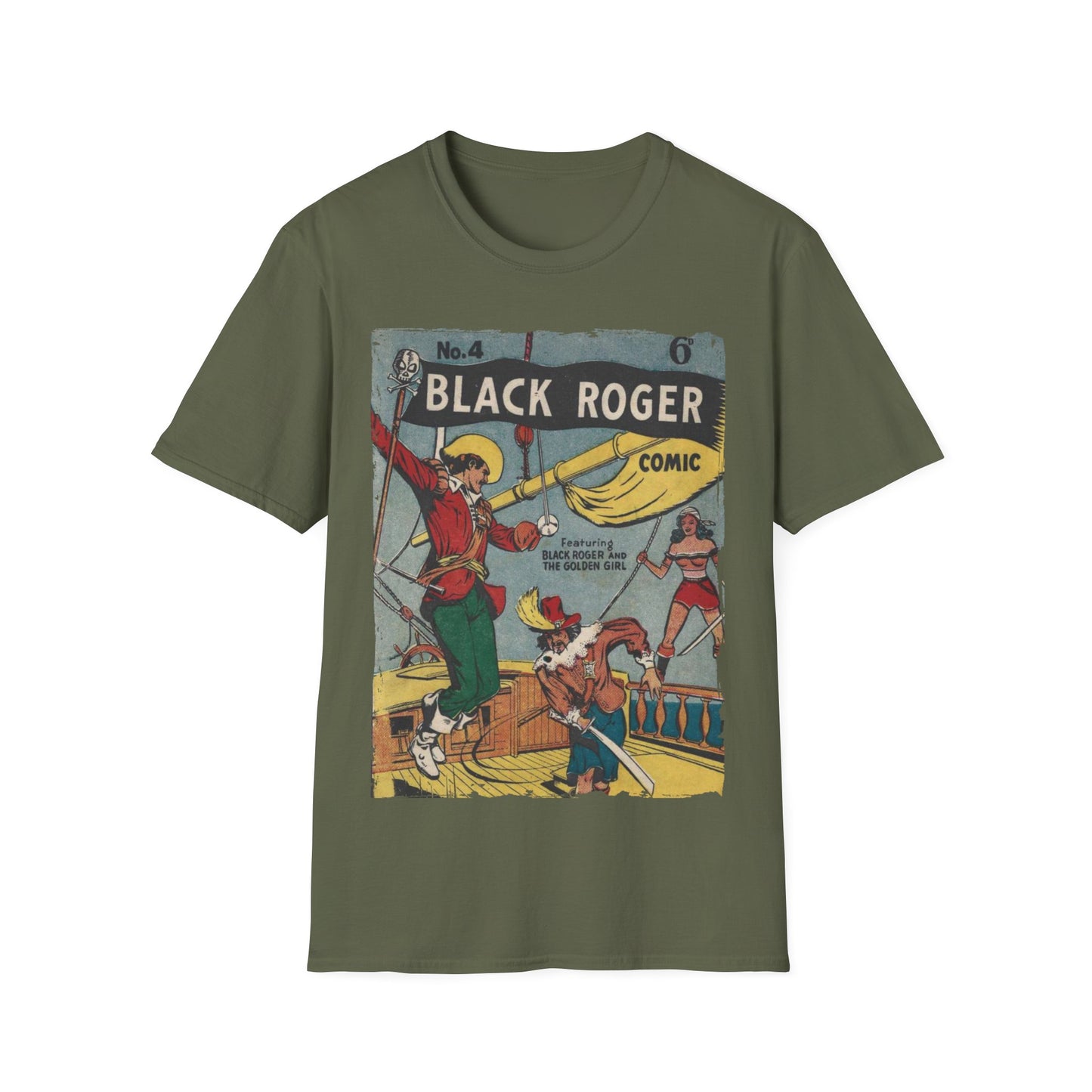 Close-up of the Black Roger No.4 T-shirt's sewn collar detail highlighting fine stitching and smooth fabric texture from a