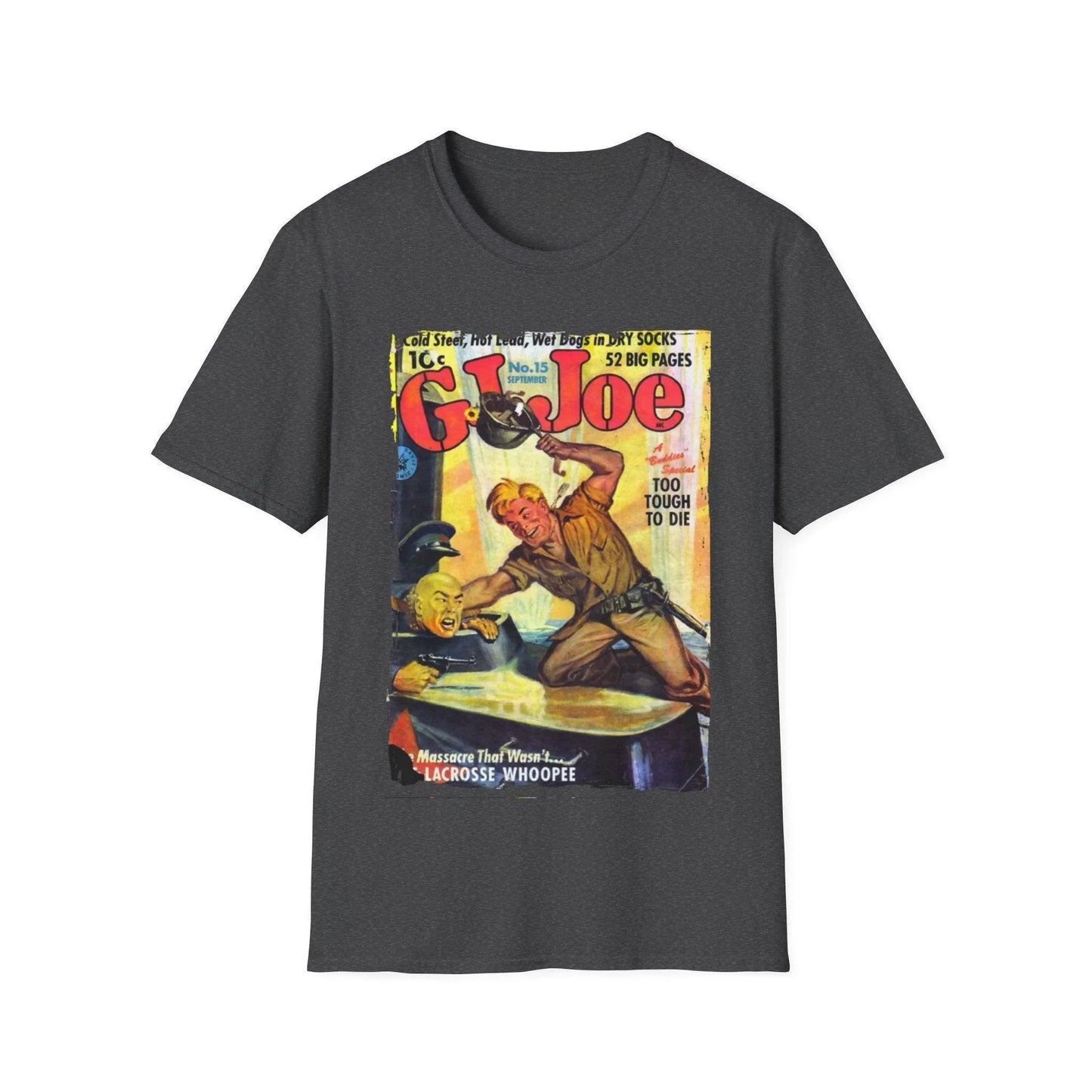 Close-up of the G.I. Joe No.15 softstyle T-shirt’s navy blue fabric showcasing its smooth cotton blend texture and relaxed