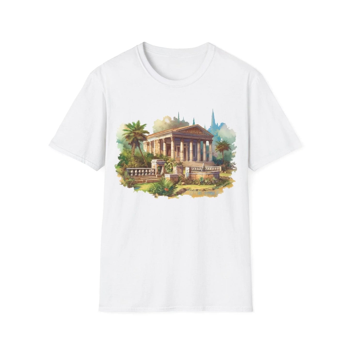 Close-up of the unisex softstyle T-shirt's crew neckline and smooth fabric texture in classic black color, highlighting