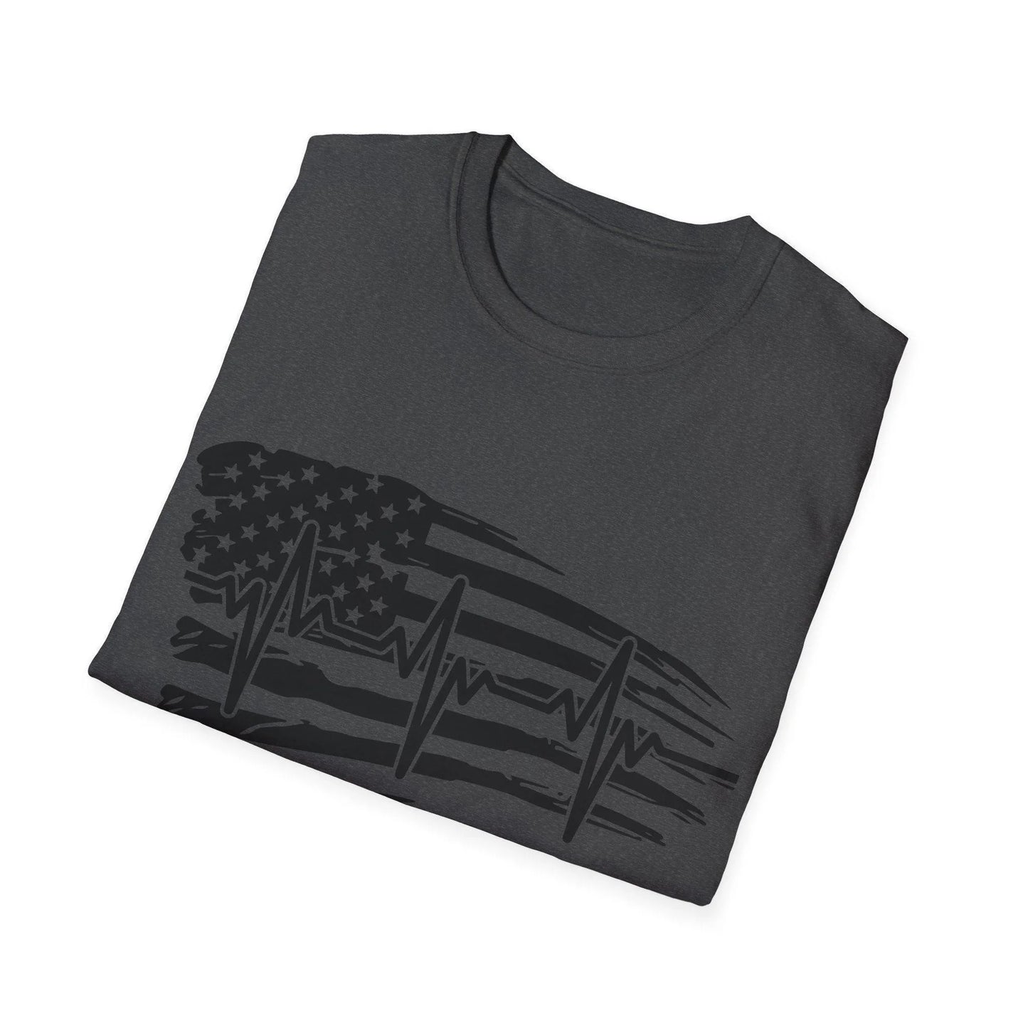 Close-up of black distressed flag heartbeat graphic on soft cotton fabric, highlighting texture and worn design details.