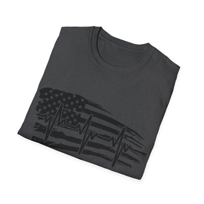 Close-up of black distressed flag heartbeat graphic on soft cotton fabric, highlighting texture and worn design details.
