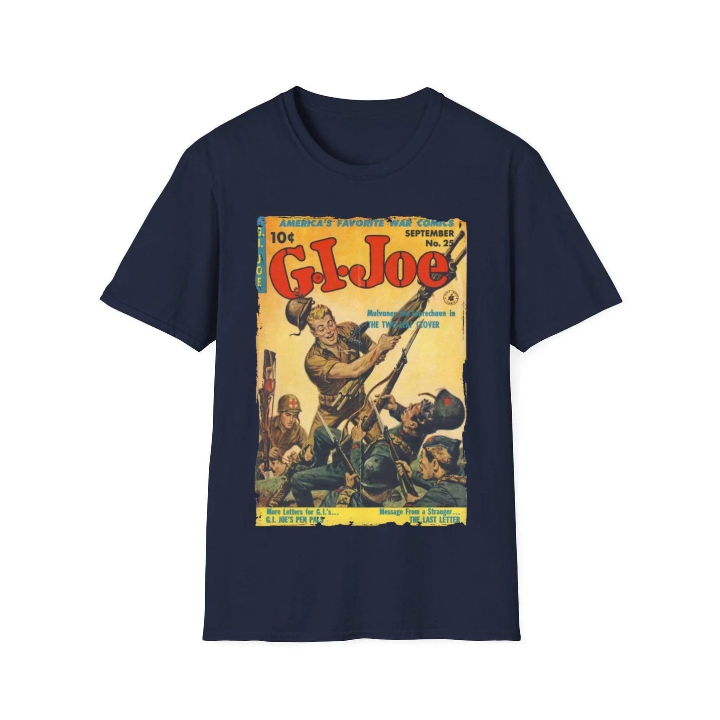 Close-up of the G.I. Joe No.25 unisex softstyle T-shirt's crew neckline and smooth cotton-blend fabric texture in vibrant