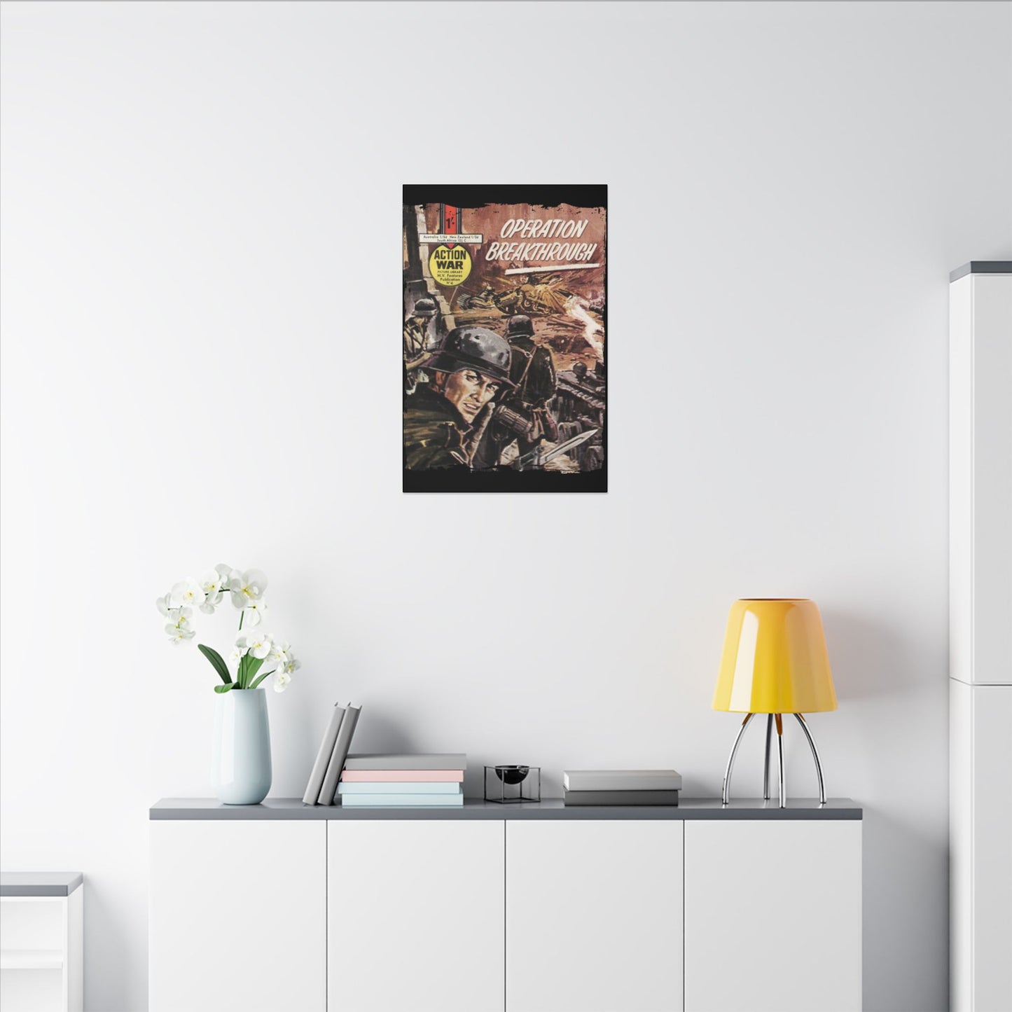 Close-up of the "Action War #4" comic cover's textured ink detailing and vibrant color accents on durable canvas material.