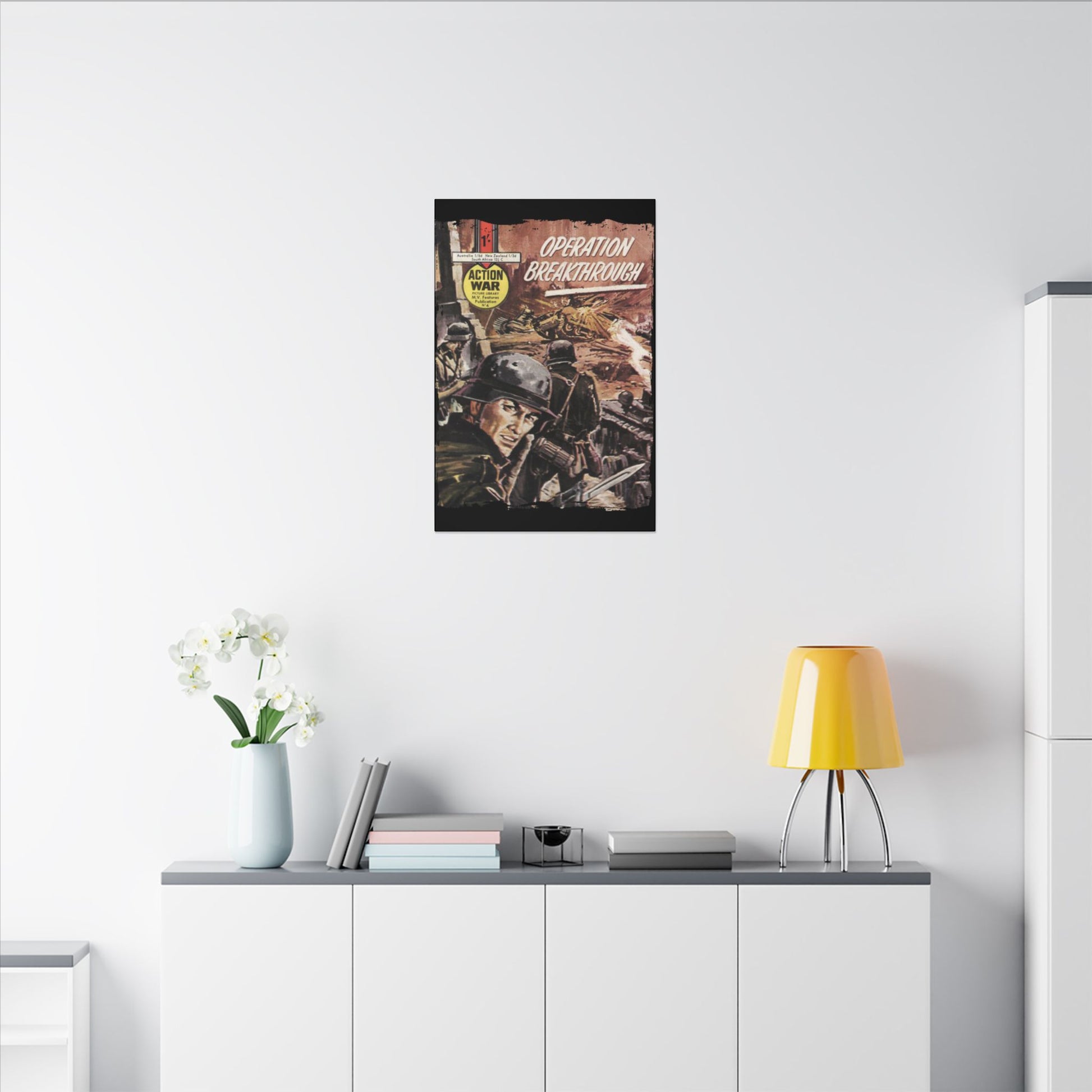 Close-up of the "Action War #4" comic cover's textured ink detailing and vibrant color accents on durable canvas material.