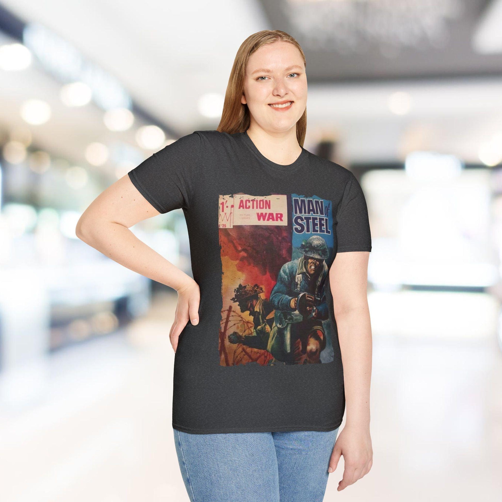 Close-up of the Action War #25 T-shirt's soft fabric texture and vibrant red color, highlighting the relaxed fit and crew