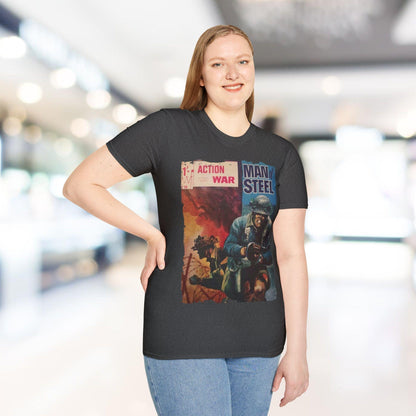 Close-up of the Action War #25 T-shirt's soft fabric texture and vibrant red color, highlighting the relaxed fit and crew