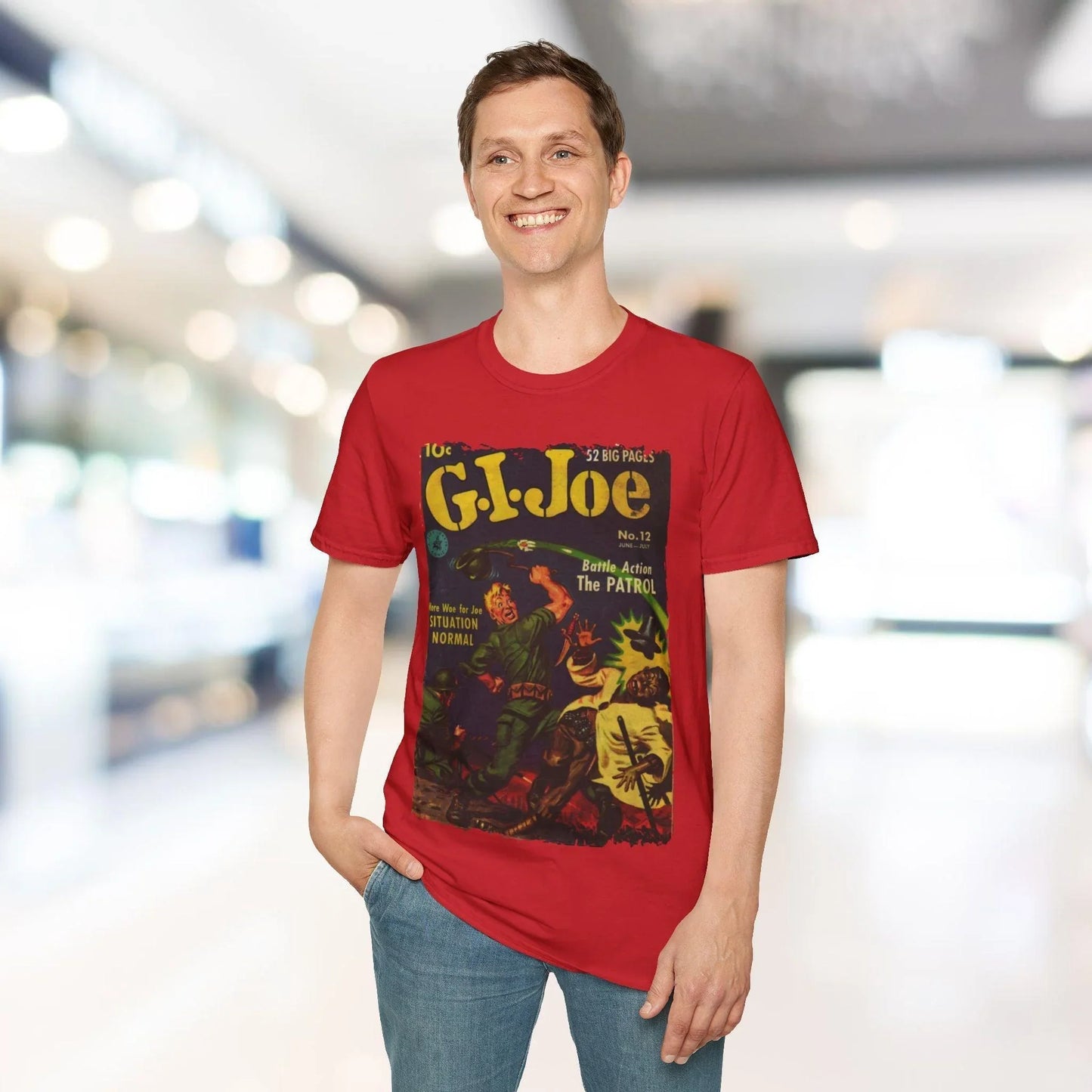 Close-up of the G.I. Joe No.12 softstyle T-shirt’s subtle ribbed crew neckline and smooth cotton blend fabric in warm olive