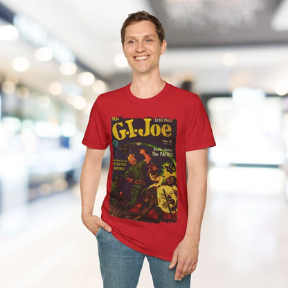 Close-up of the G.I. Joe No.12 softstyle T-shirt’s subtle ribbed crew neckline and smooth cotton blend fabric in warm olive