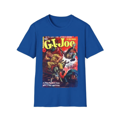 Close-up of the G.I. Joe No.11 softstyle T-shirt fabric showing smooth heather navy knit and reinforced crew neckline detail.