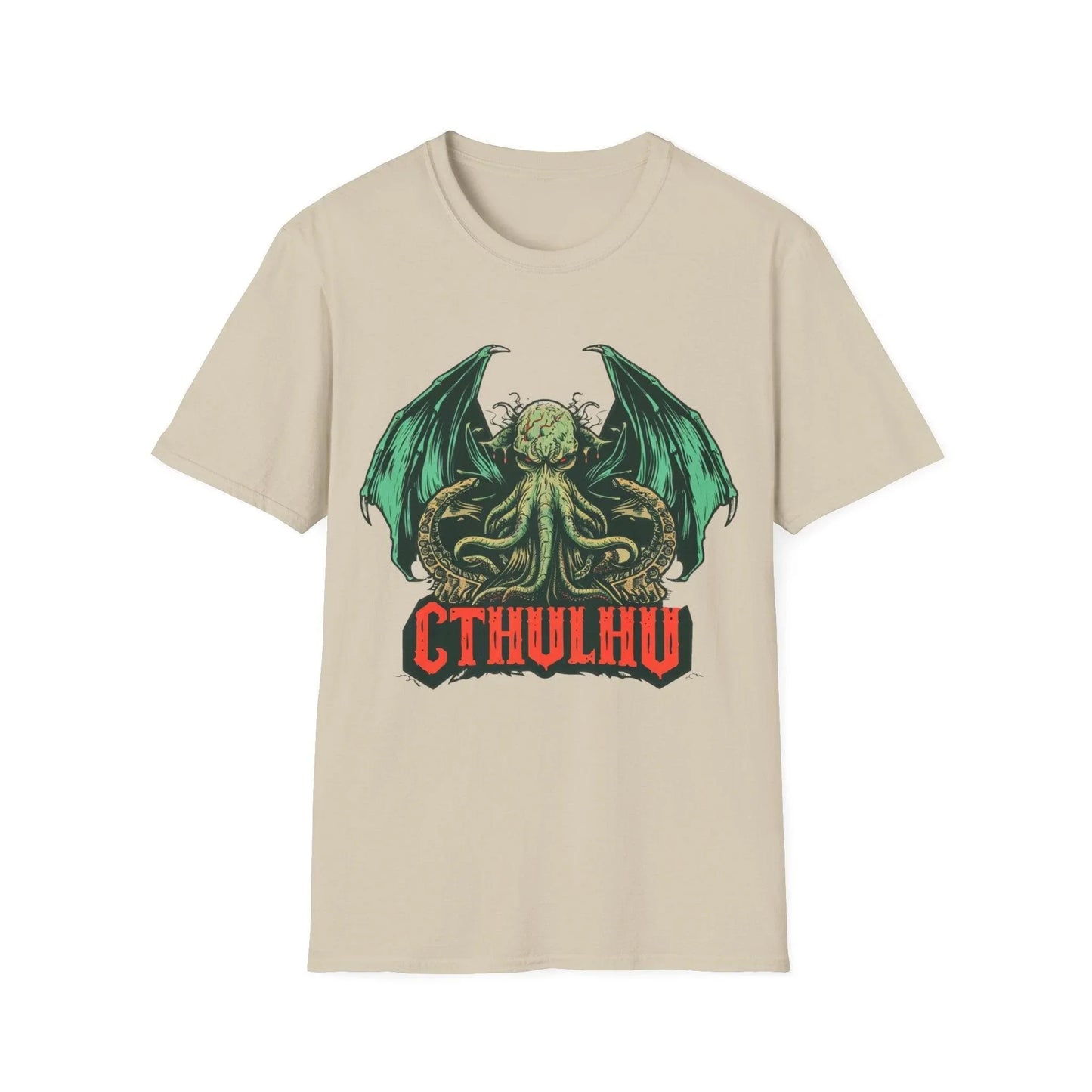 Close-up of the Cthulhu graphic on the relaxed fit, heather gray unisex T-shirt showcasing detailed tentacle and design