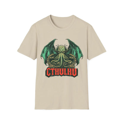 Close-up of the Cthulhu graphic on the relaxed fit, heather gray unisex T-shirt showcasing detailed tentacle and design