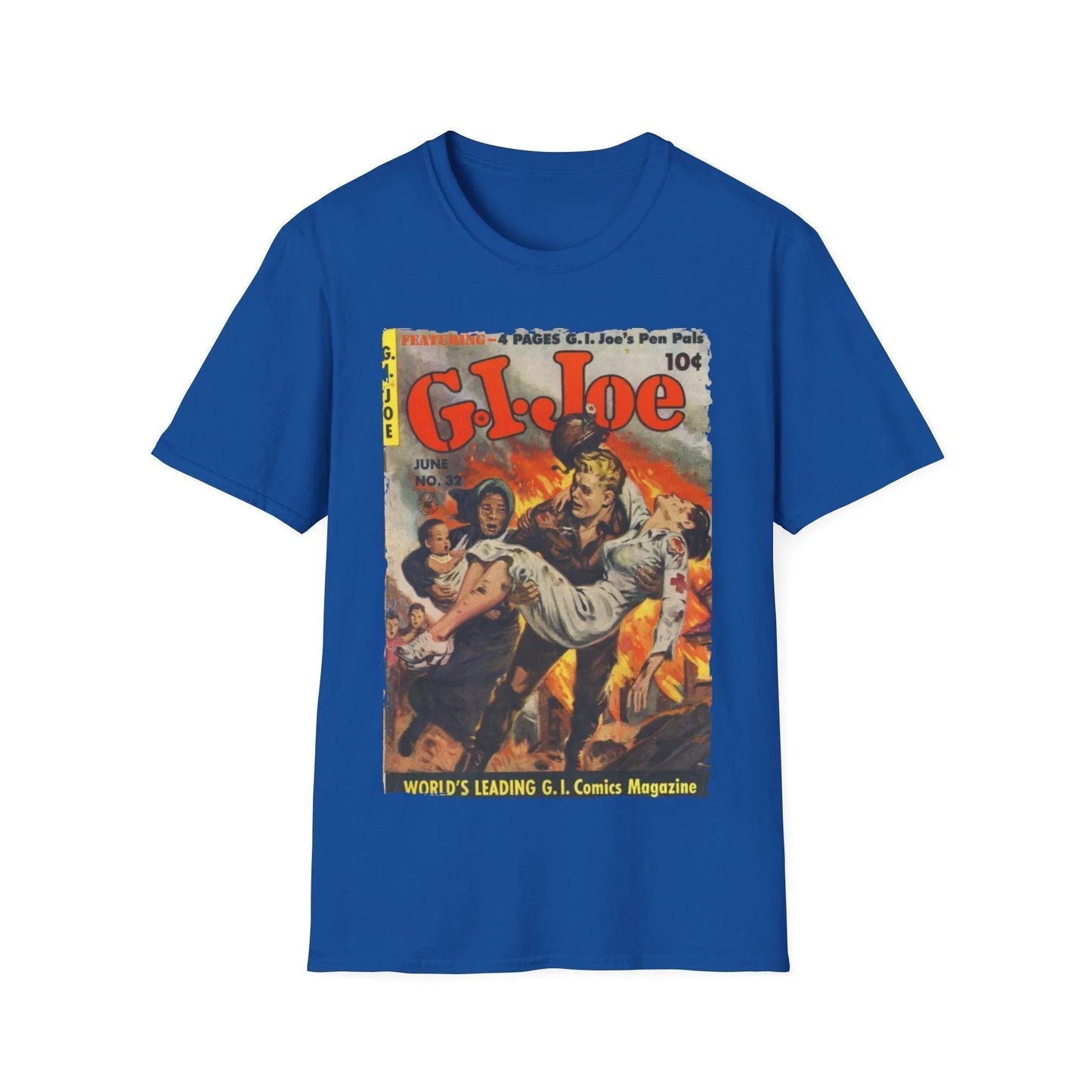 Close-up of the G.I. Joe No.32 unisex softstyle T-shirt's textured cotton fabric and reinforced crew neckline detail.