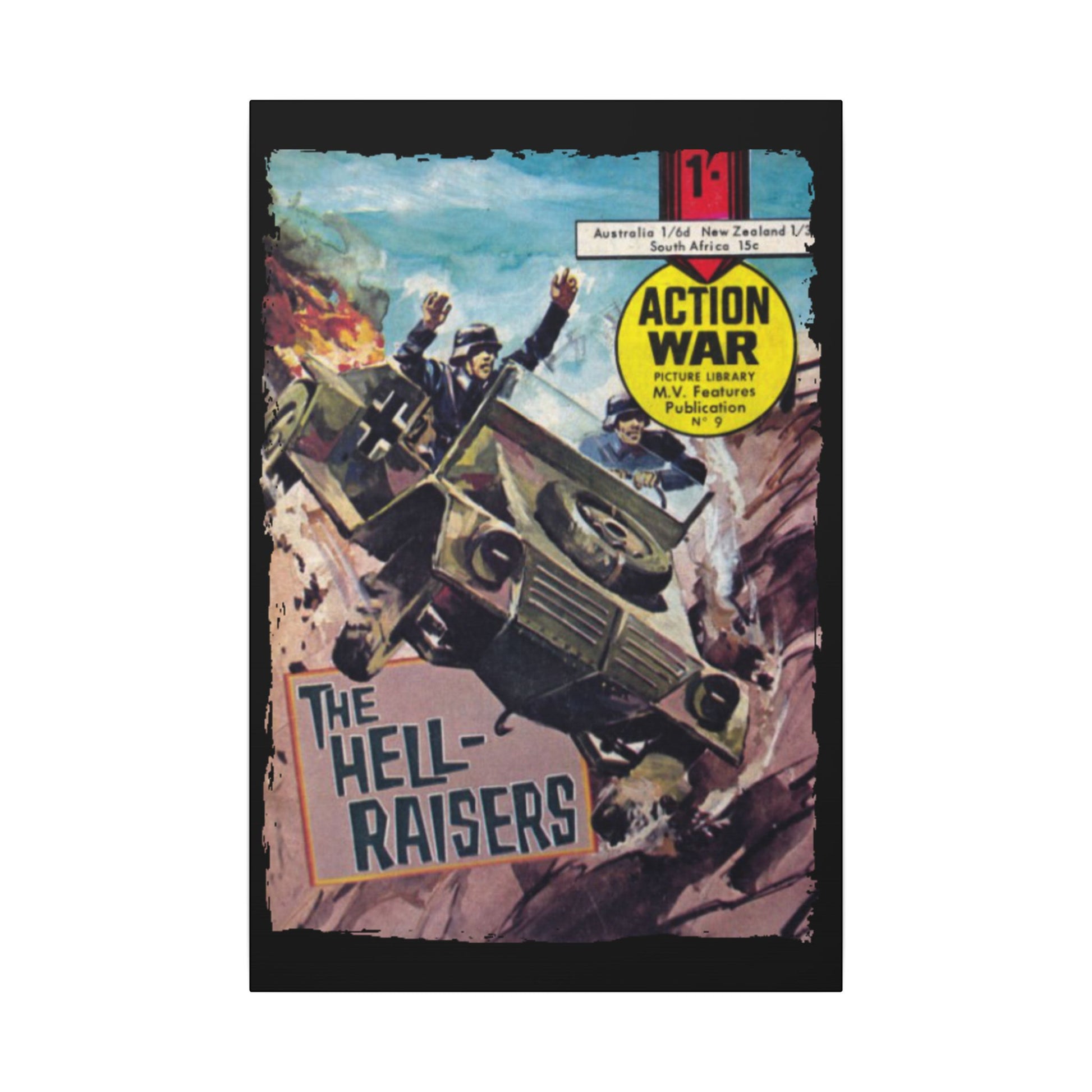 Close-up of the textured canvas surface highlighting vibrant color details and Fine print on the back edge of the Action War