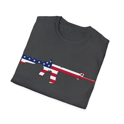 Close-up of the unisex softstyle fabric and vivid American flag print on the front neckline of the T-shirt.