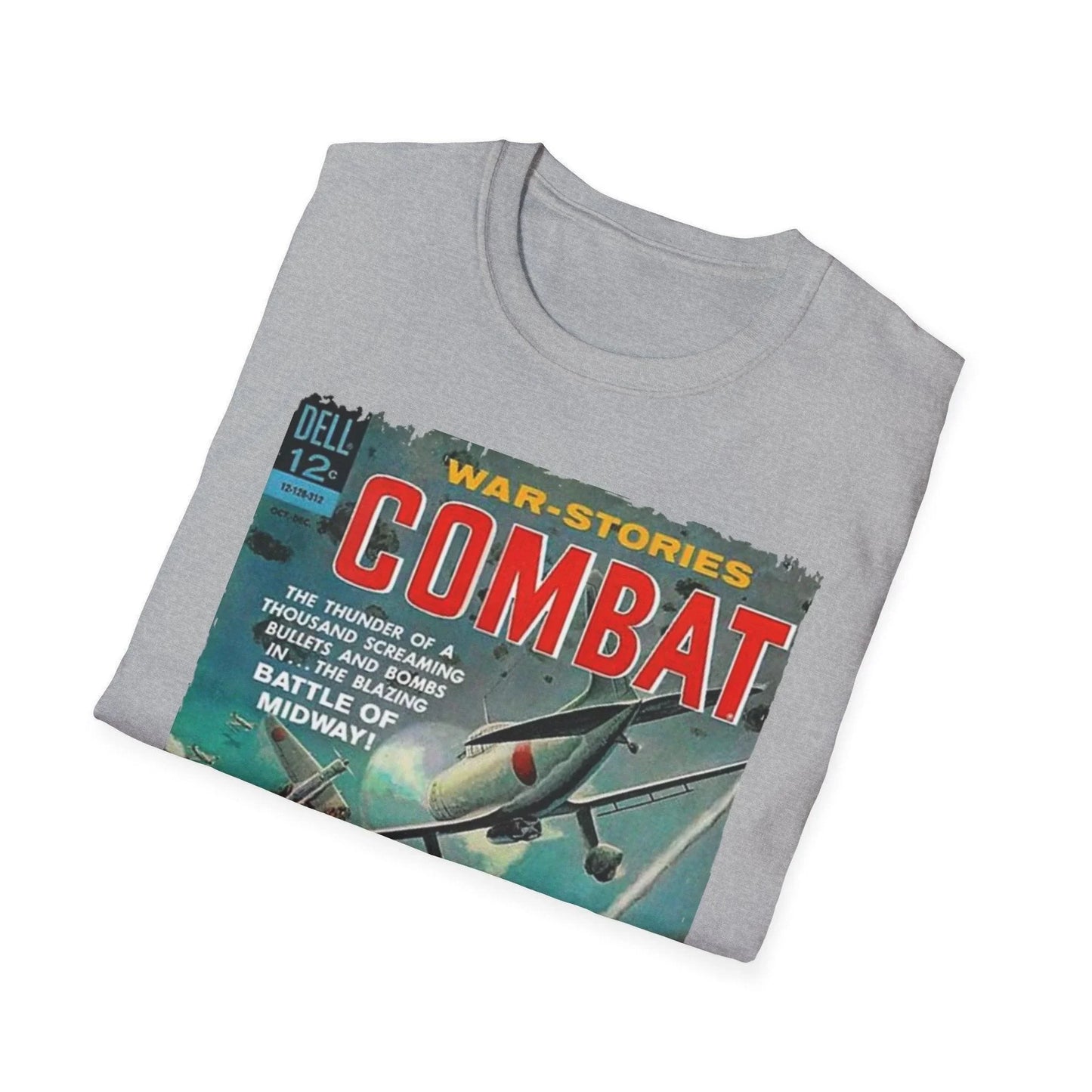 Close-up of the Combat Dec 1963 unisex softstyle T-shirt’s neckline and collar stitching, showcasing the smooth fabric and
