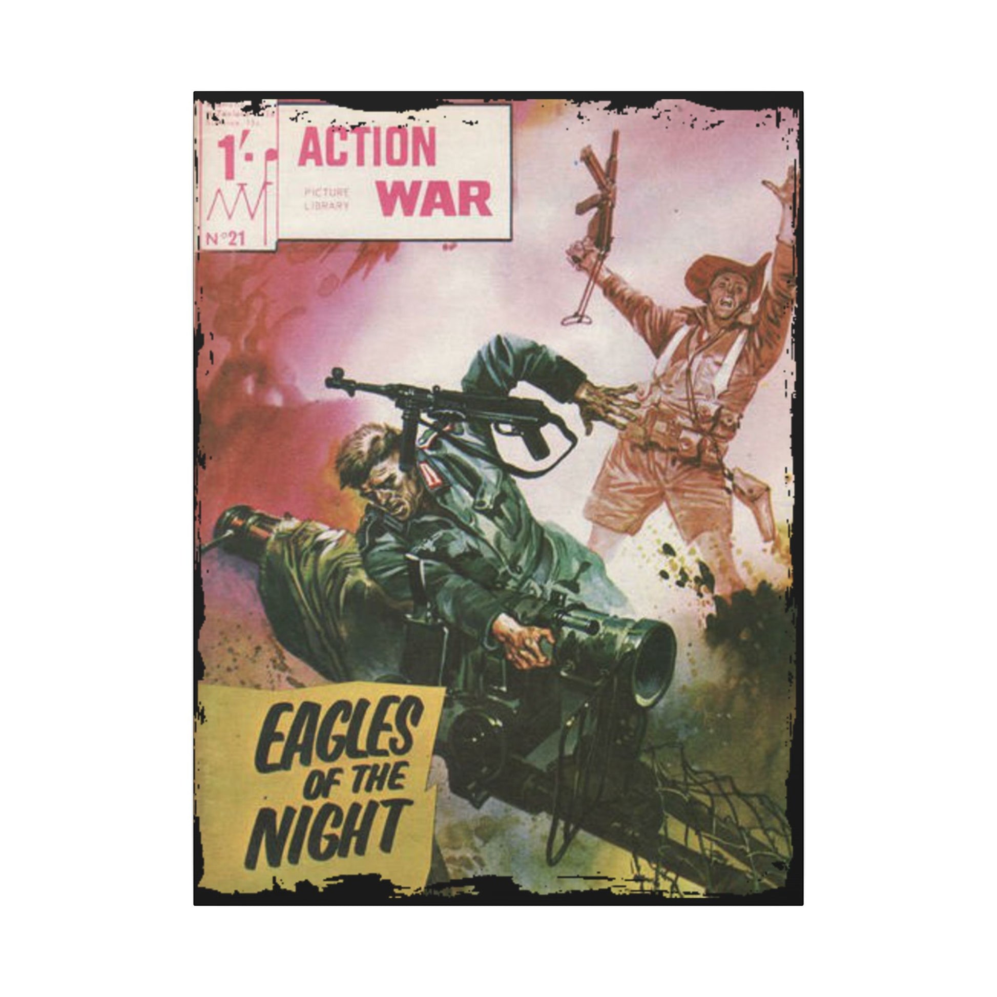Close-up of the textured canvas surface highlighting the detailed print quality and vibrant color saturation of Action War