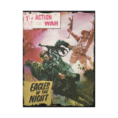 Close-up of the textured canvas surface highlighting the detailed print quality and vibrant color saturation of Action War