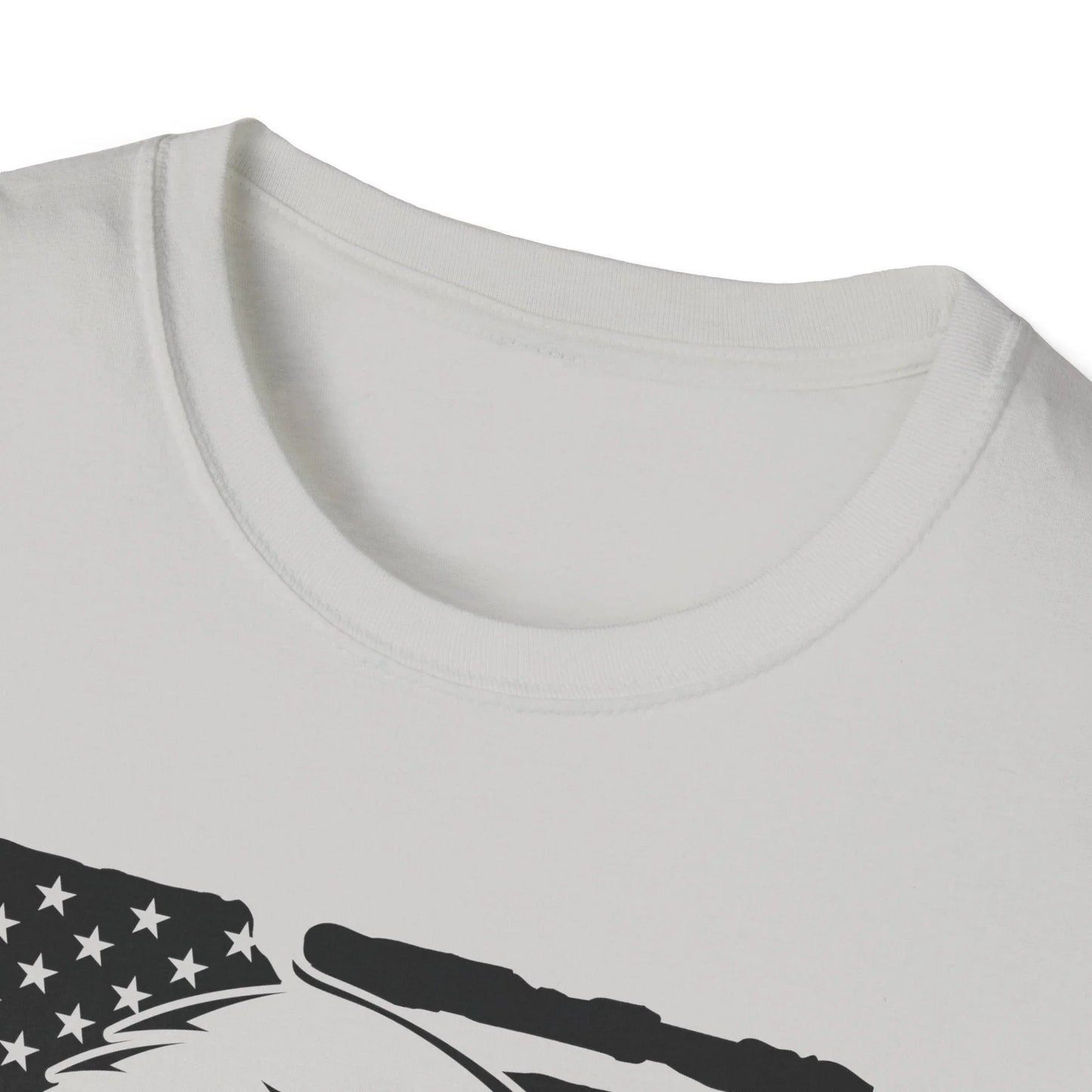 Close-up of distressed fabric texture highlighting the black-and-white American flag eagle print on the relaxed-fit