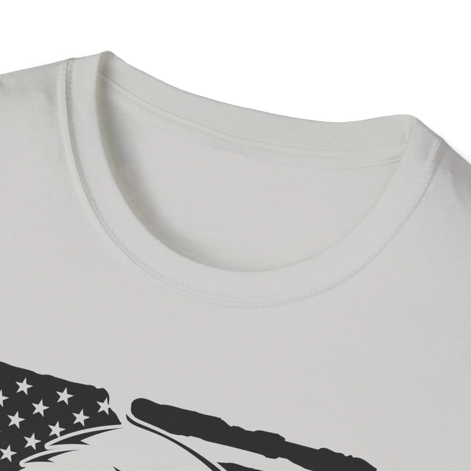 Close-up of distressed fabric texture highlighting the black-and-white American flag eagle print on the relaxed-fit