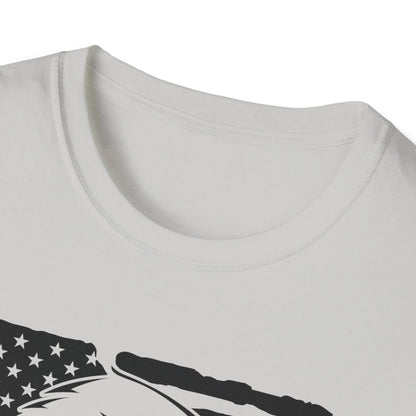 Close-up of distressed fabric texture highlighting the black-and-white American flag eagle print on the relaxed-fit