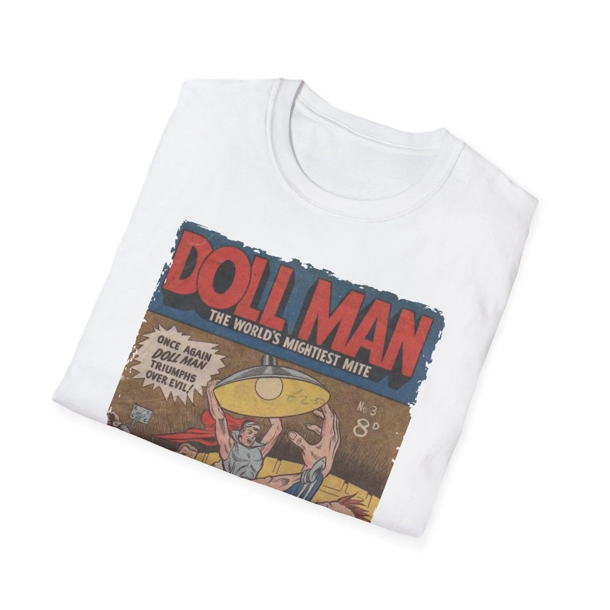 Close-up of the Doll Man No.3 T-shirt label on the inside collar, showcasing the soft cotton fabric and relaxed fit in
